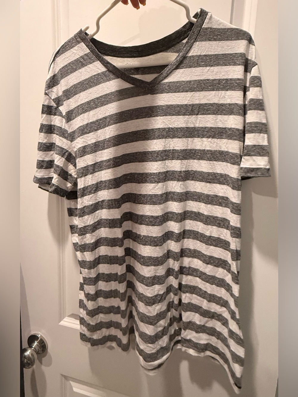 on the byas Gray and White Striped V-Neck Short Sleeve Tee